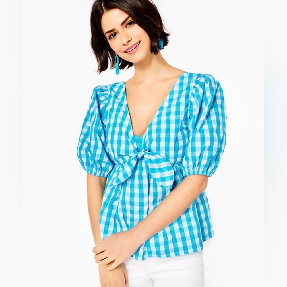 Lilly Pulitzer Blue Sarafina Gingham Blouse Size 8 NWT